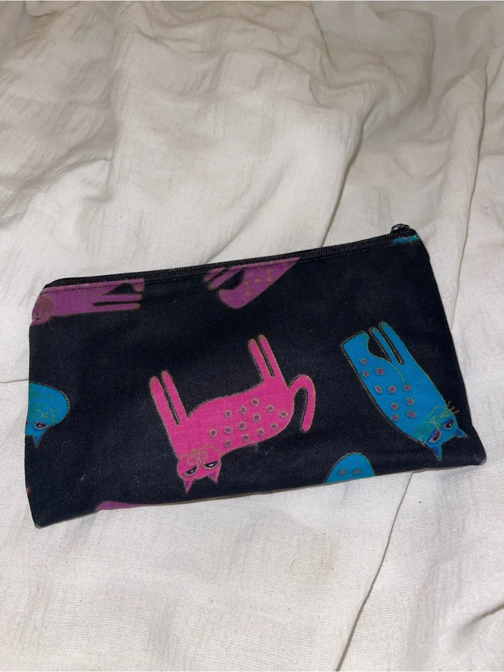 Black Zip Pouch with Pink, Blue, and Purple Cat Print